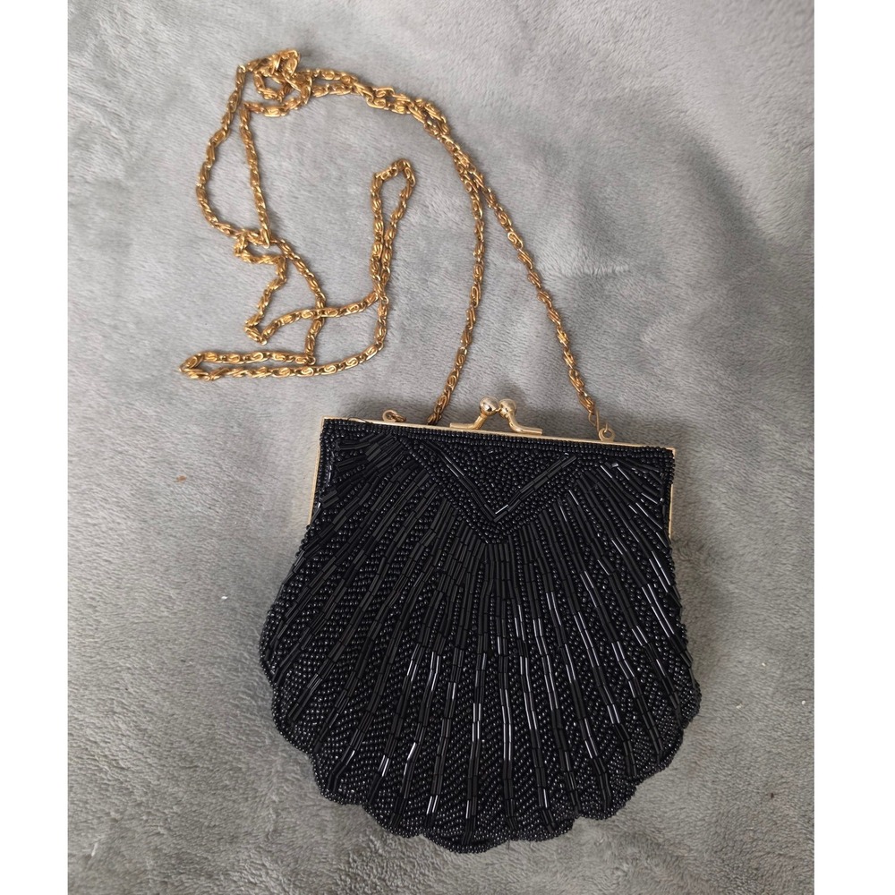 Retro Valerie Stevens Beaded Scalloped Shell Evening Clutch Black Bag Gold Chain
